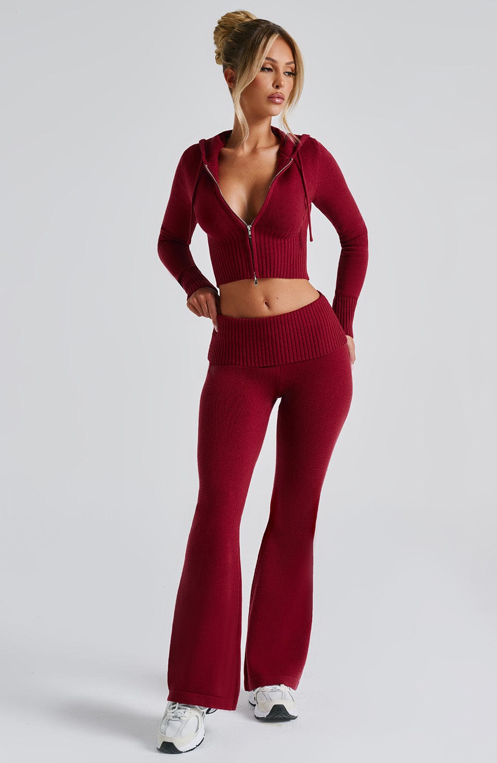Portia - Soft knit burgundy co-ord set with zip hoodie & flared trousers