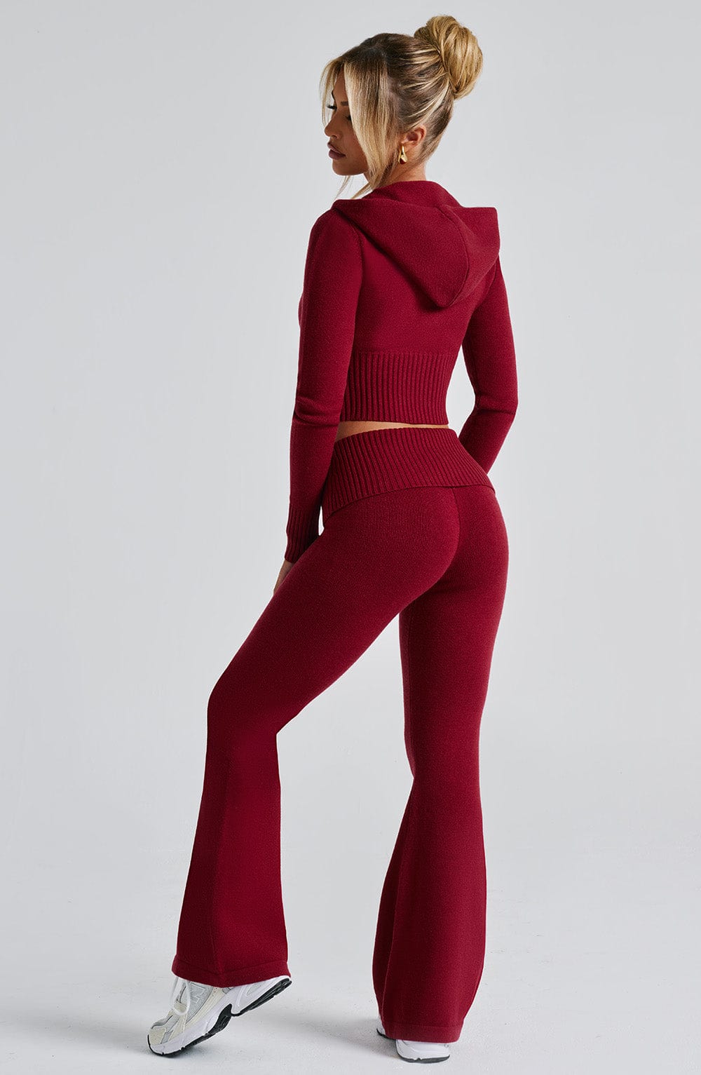 Portia - Soft knit burgundy co-ord set with zip hoodie & flared trousers