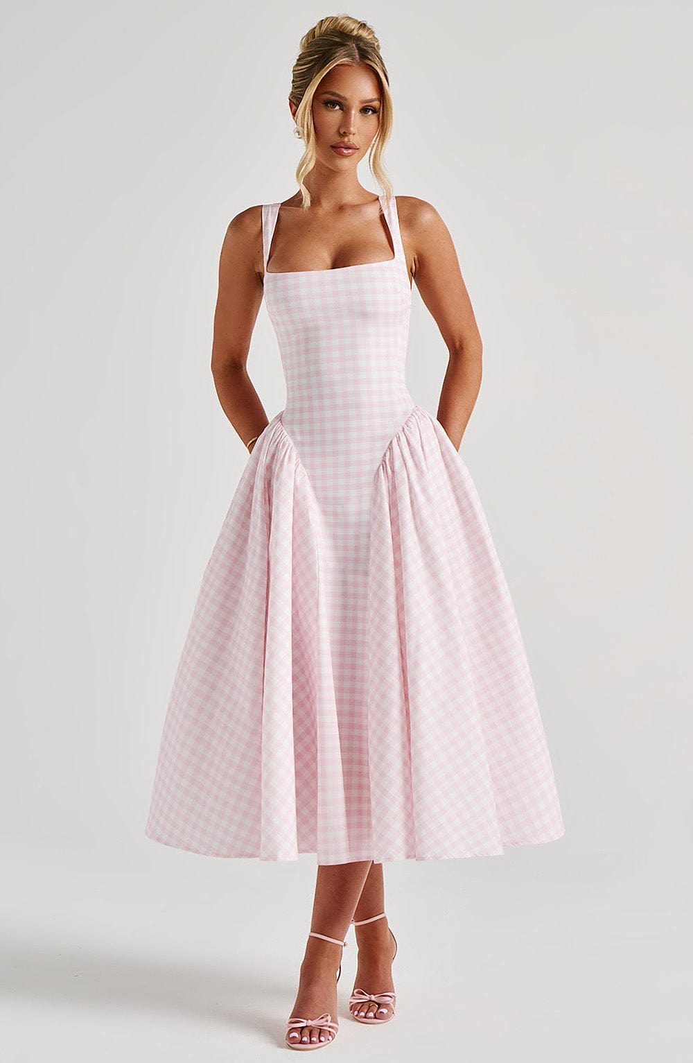 Sherrie - Pink gingham square-neck full skirt midi dress