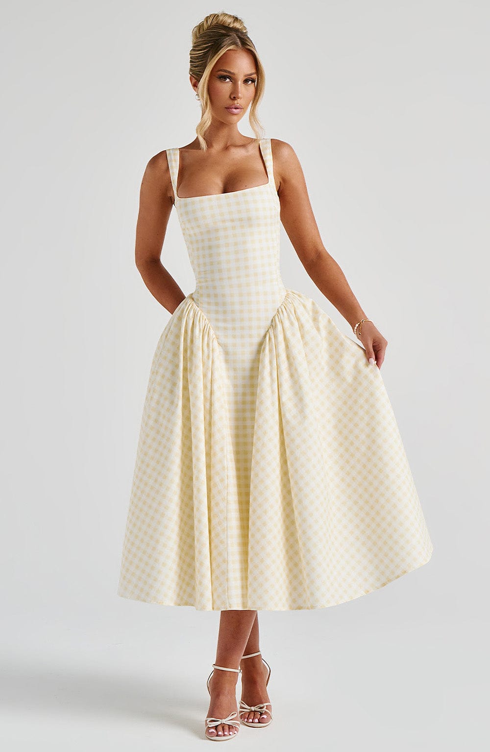 Sherrie - Lemon gingham square-neck full skirt midi dress