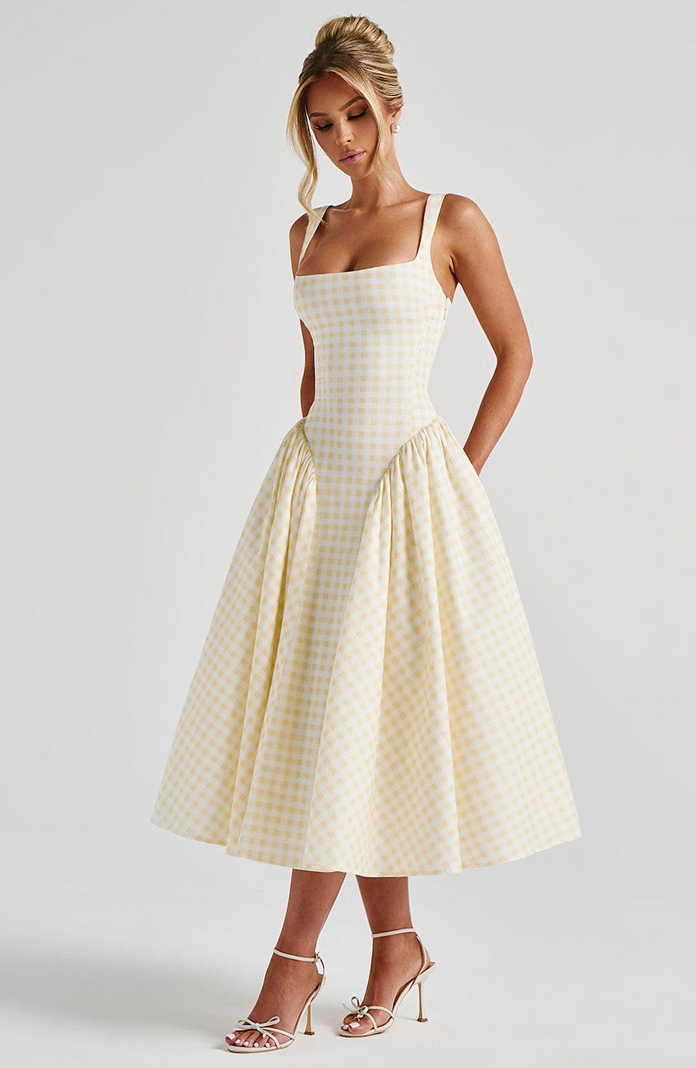 Sherrie - Lemon gingham square-neck full skirt midi dress