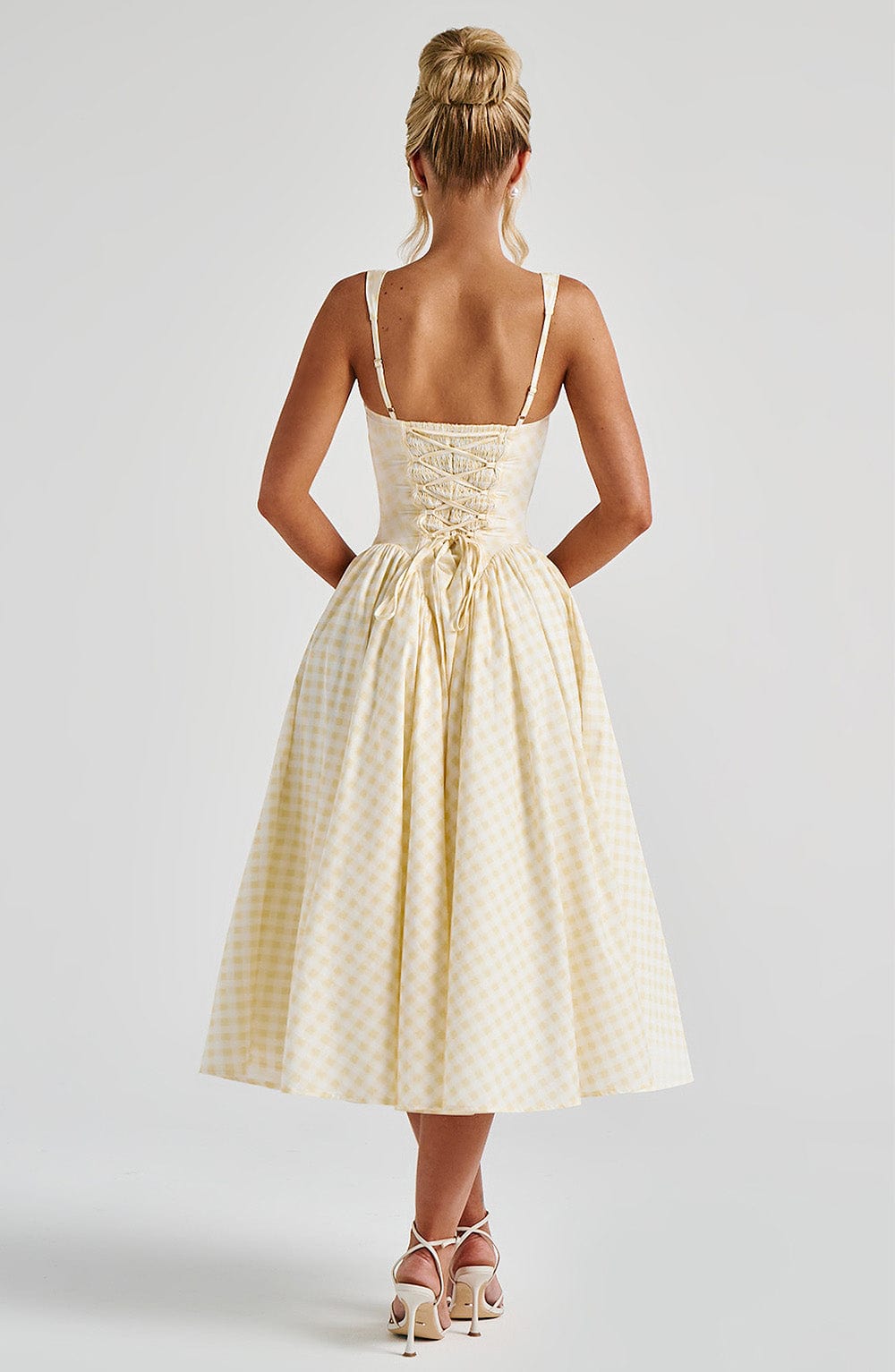 Sherrie - Lemon gingham square-neck full skirt midi dress