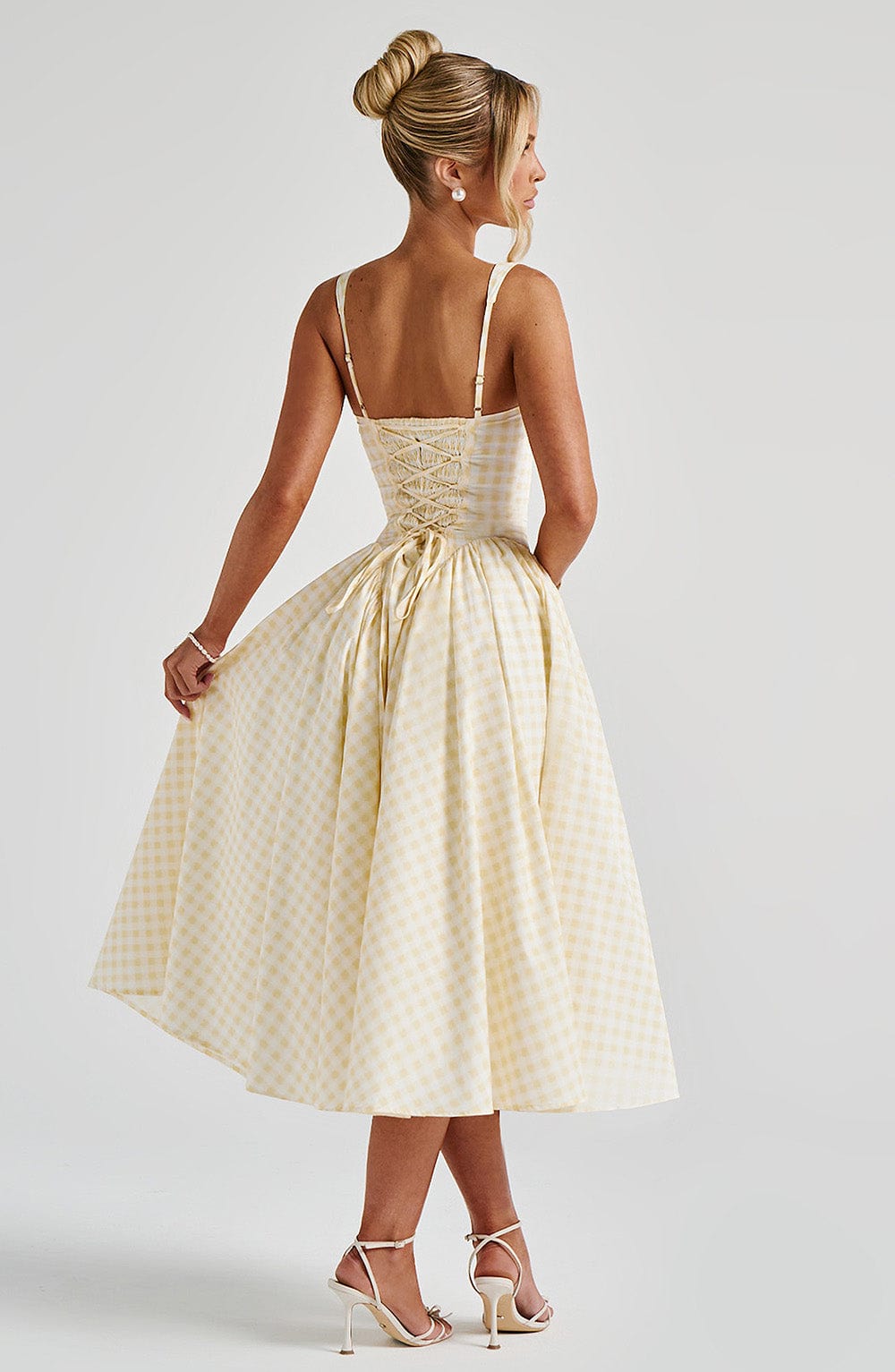 Sherrie - Lemon gingham square-neck full skirt midi dress