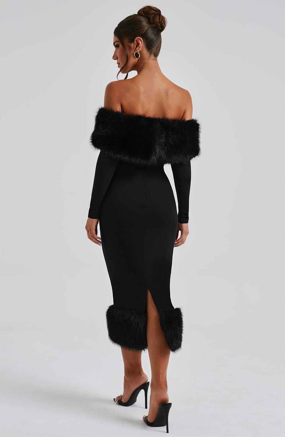 Vittoria - Black faux-fur trim midi dress
