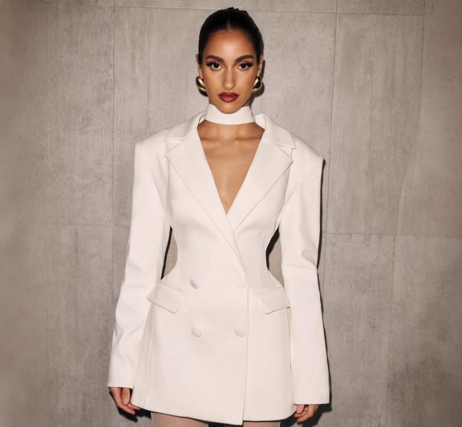 Elvira - Structured power shoulder double-breasted blazer dress