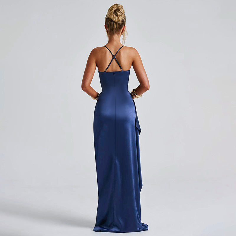 Helen - Navy blue satin cowl neck split maxi dress
