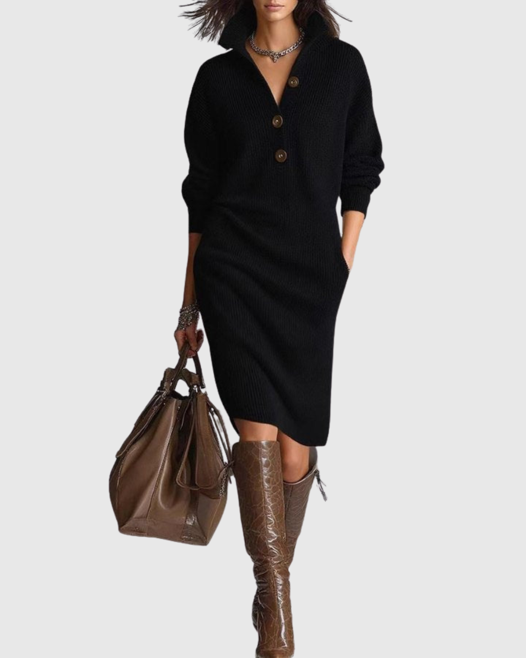 The Aspen - Knit collared henley midi sweater dress