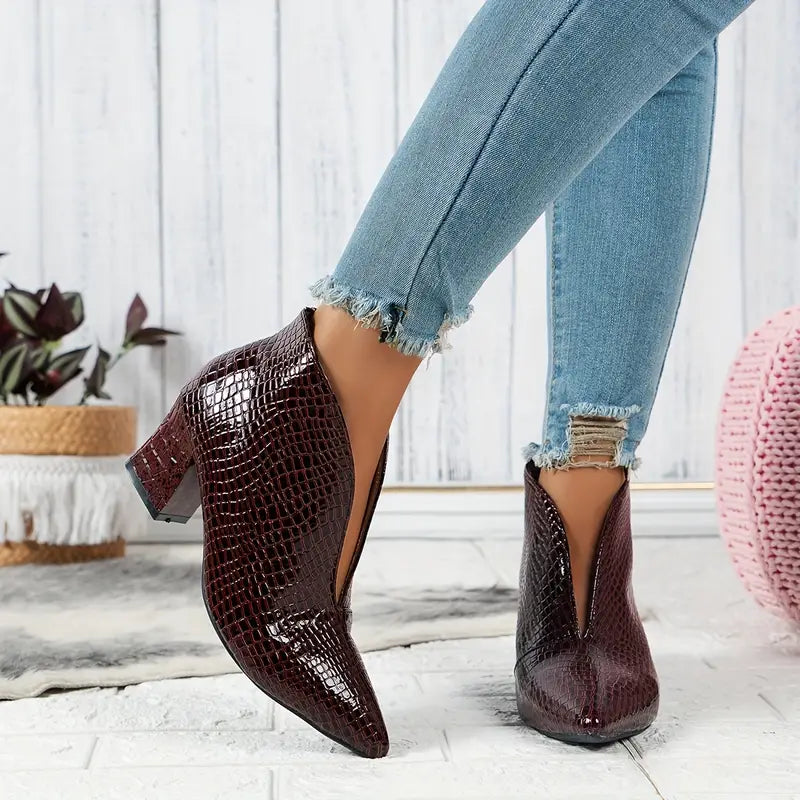 The Valentina - Croco-embossed V-cut pointed ankle boots