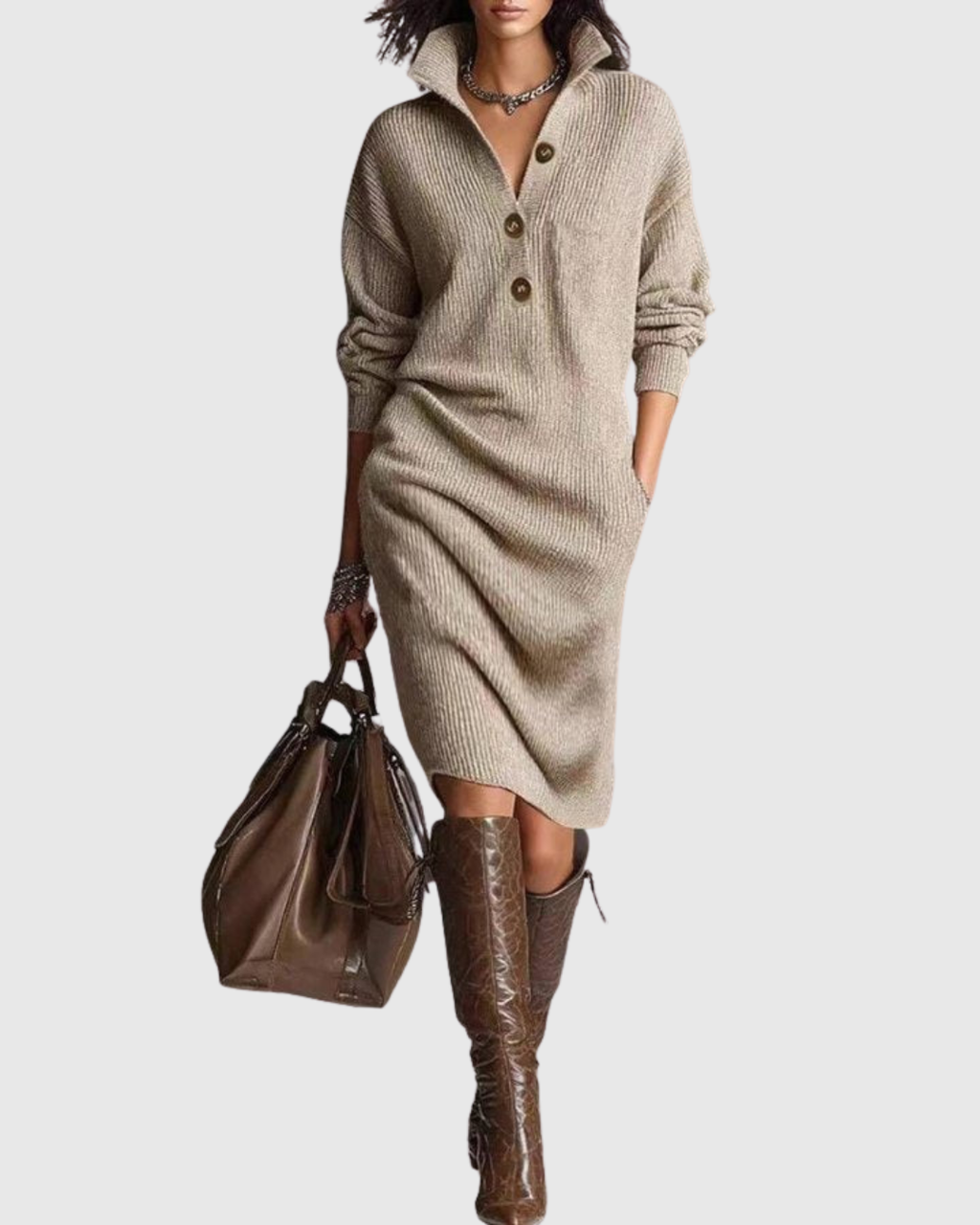 The Aspen - Knit collared henley midi sweater dress