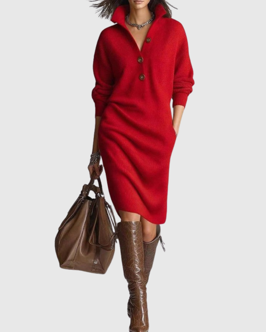 The Aspen - Knit collared henley midi sweater dress