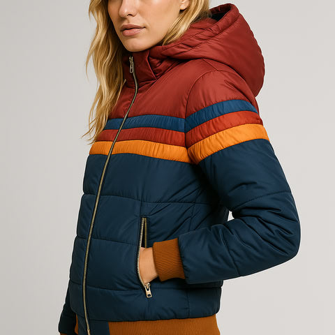 Freya - Colour block retro stripe puffer bomber jacket