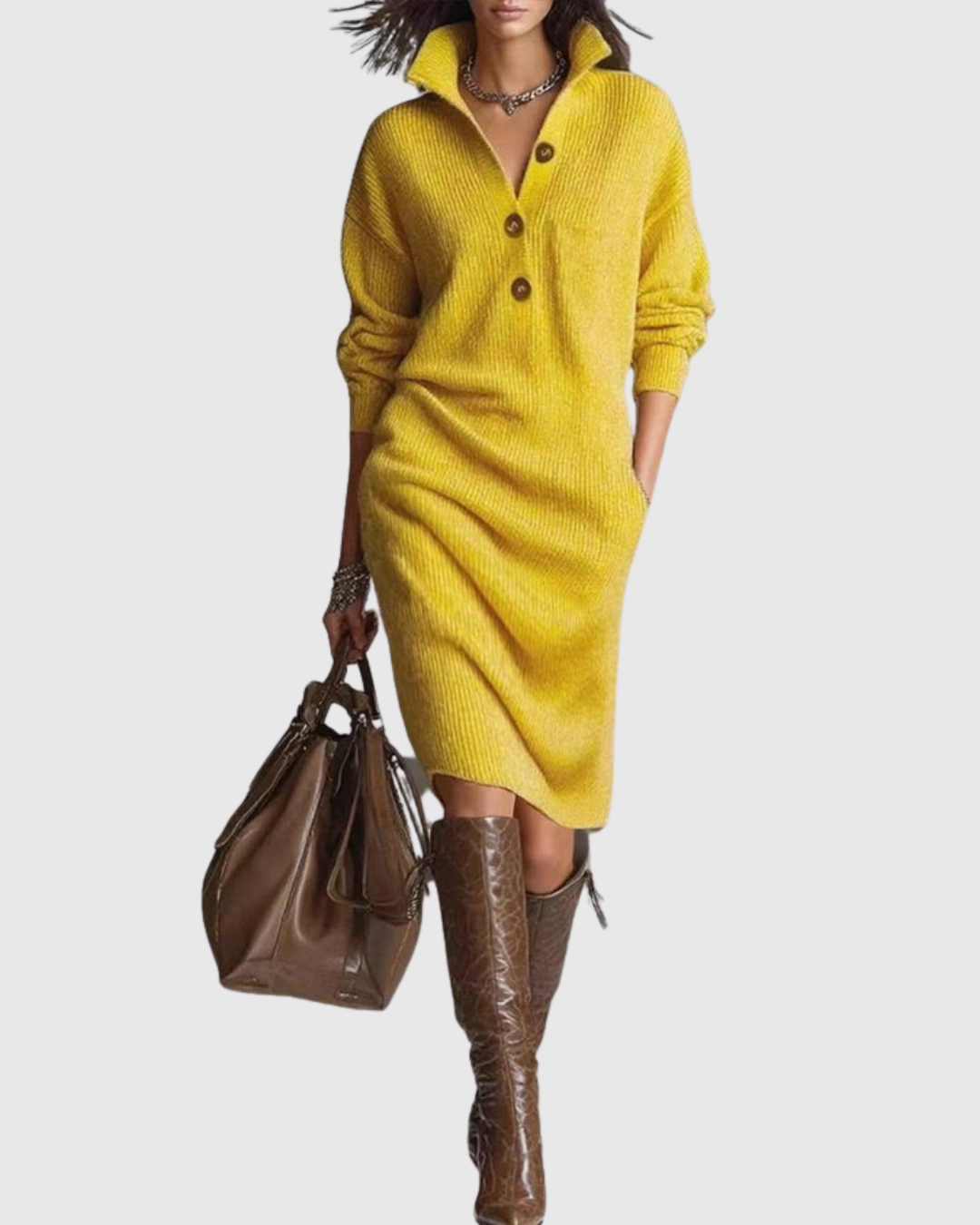 The Aspen - Knit collared henley midi sweater dress