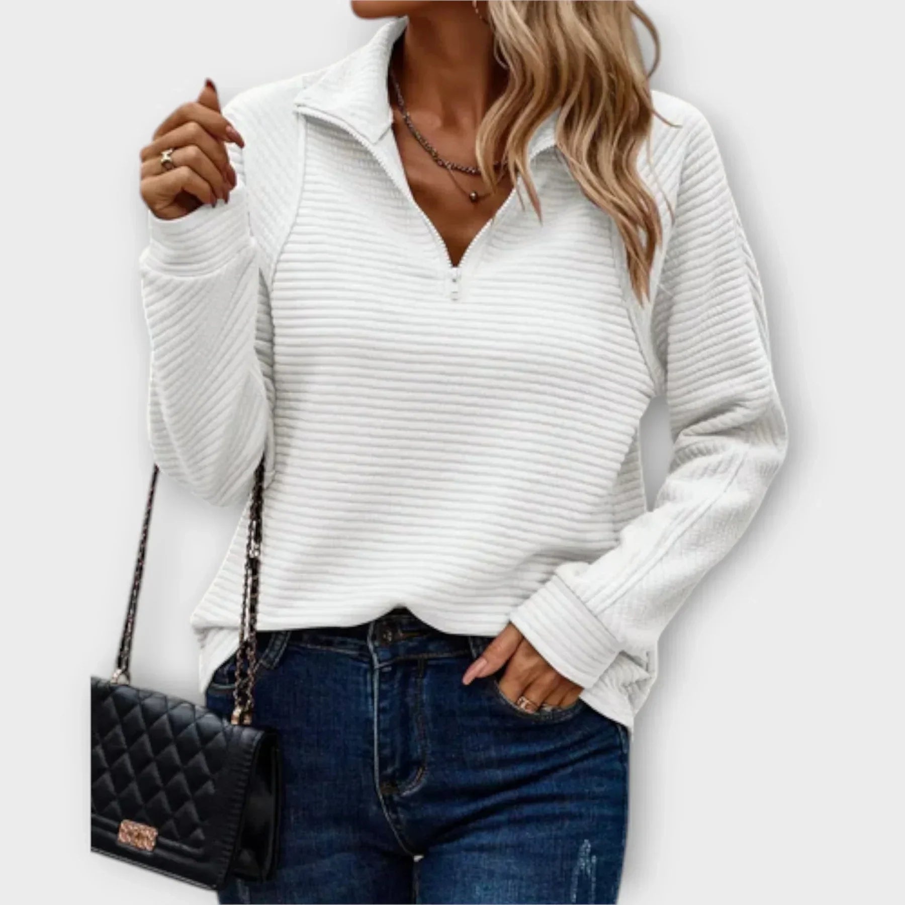 Janet - Ribbed texture half-zip funnel neck jumper