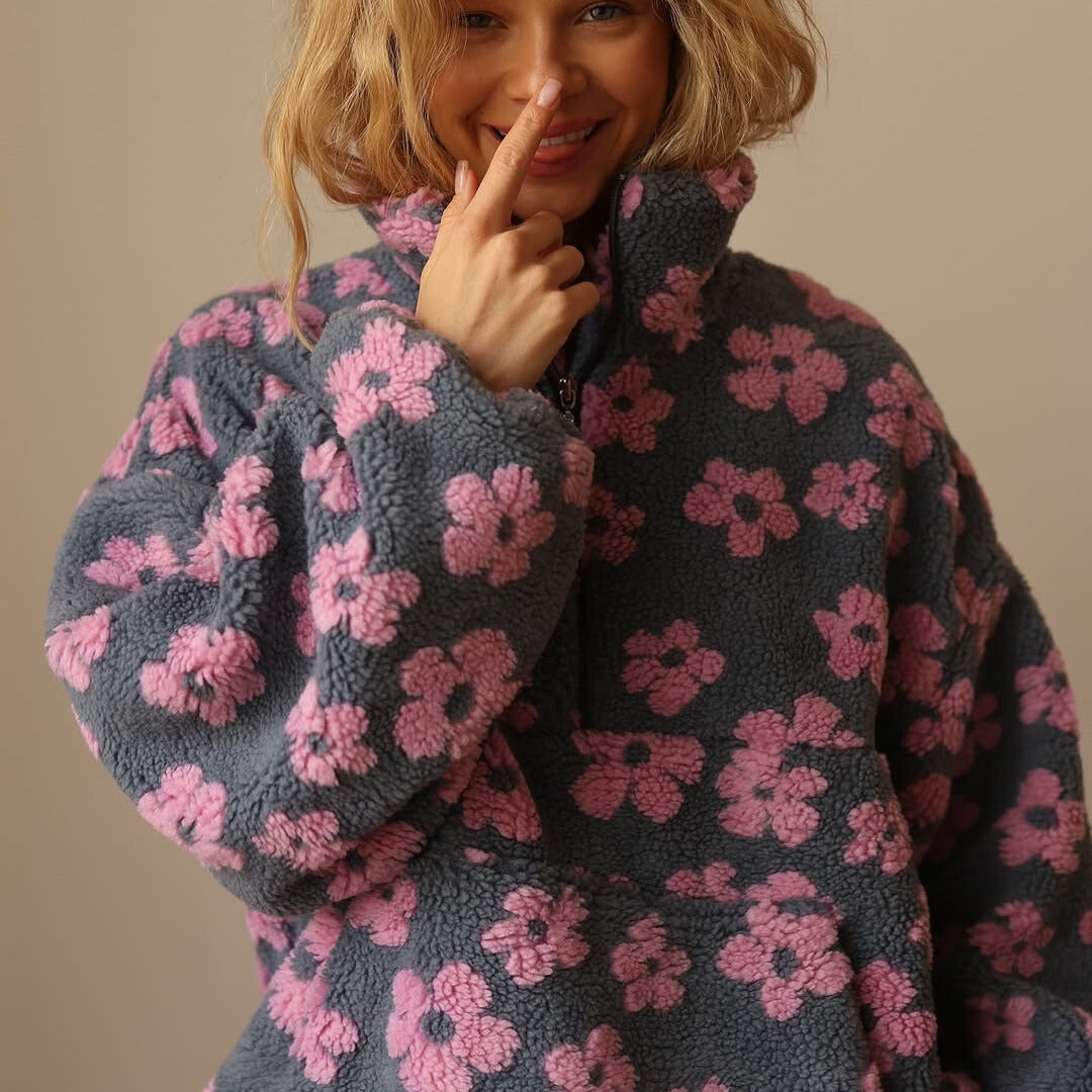 Daisy - Floral print oversized sherpa half-zip pullover