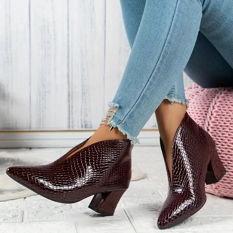 The Valentina - Croco-embossed V-cut pointed ankle boots