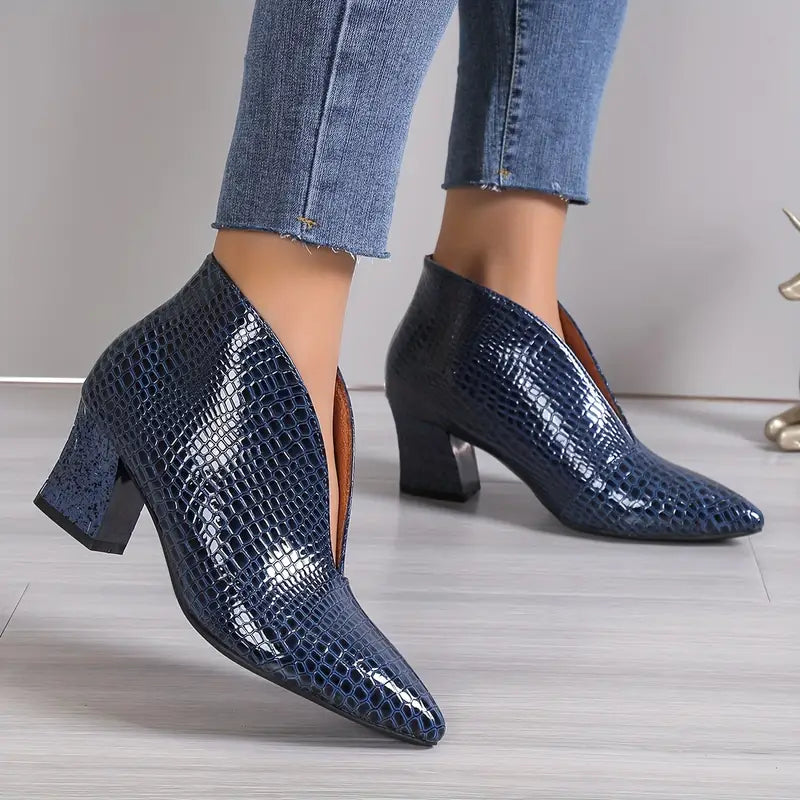 The Valentina - Croco-embossed V-cut pointed ankle boots