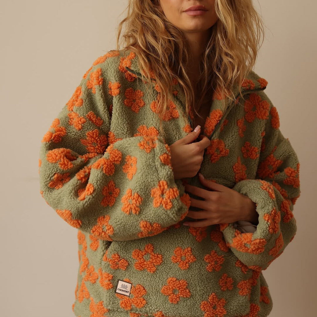 Daisy - Floral print oversized sherpa half-zip pullover