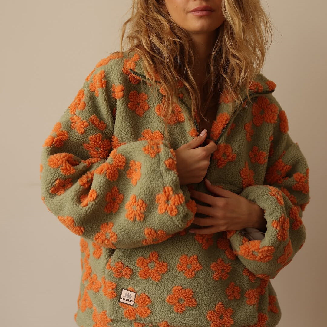 Daisy - Floral print oversized sherpa half-zip pullover