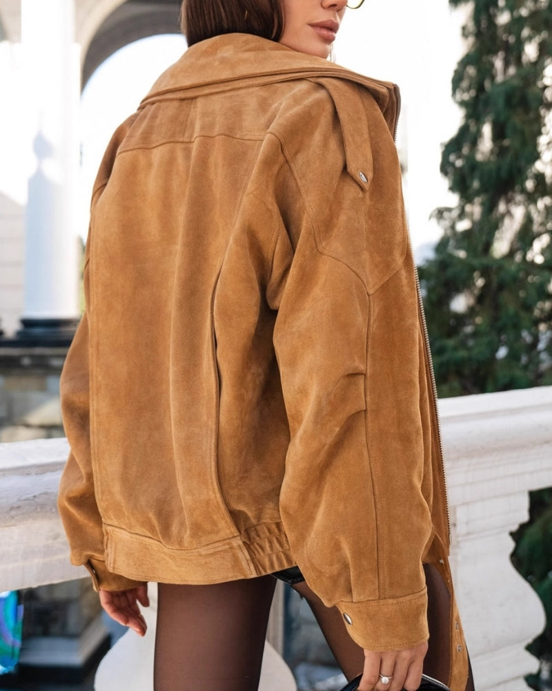 Sierra - Oversized faux suede asymmetrical zip jacket