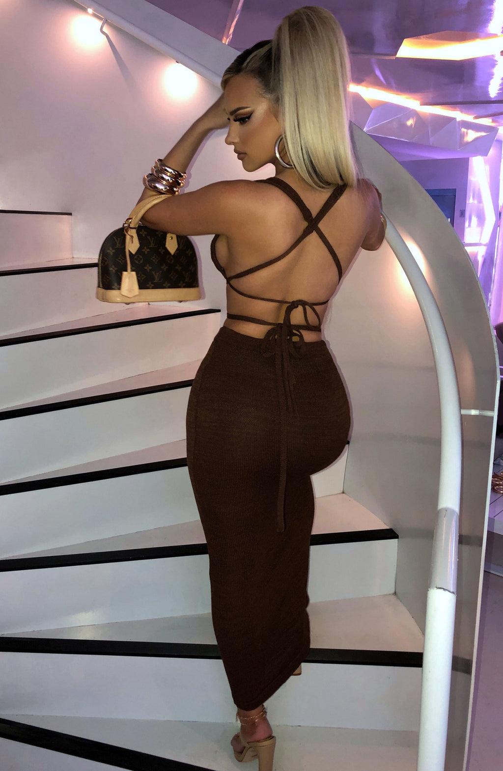 Alexa - Chocolate knit high-waisted bodycon maxi skirt
