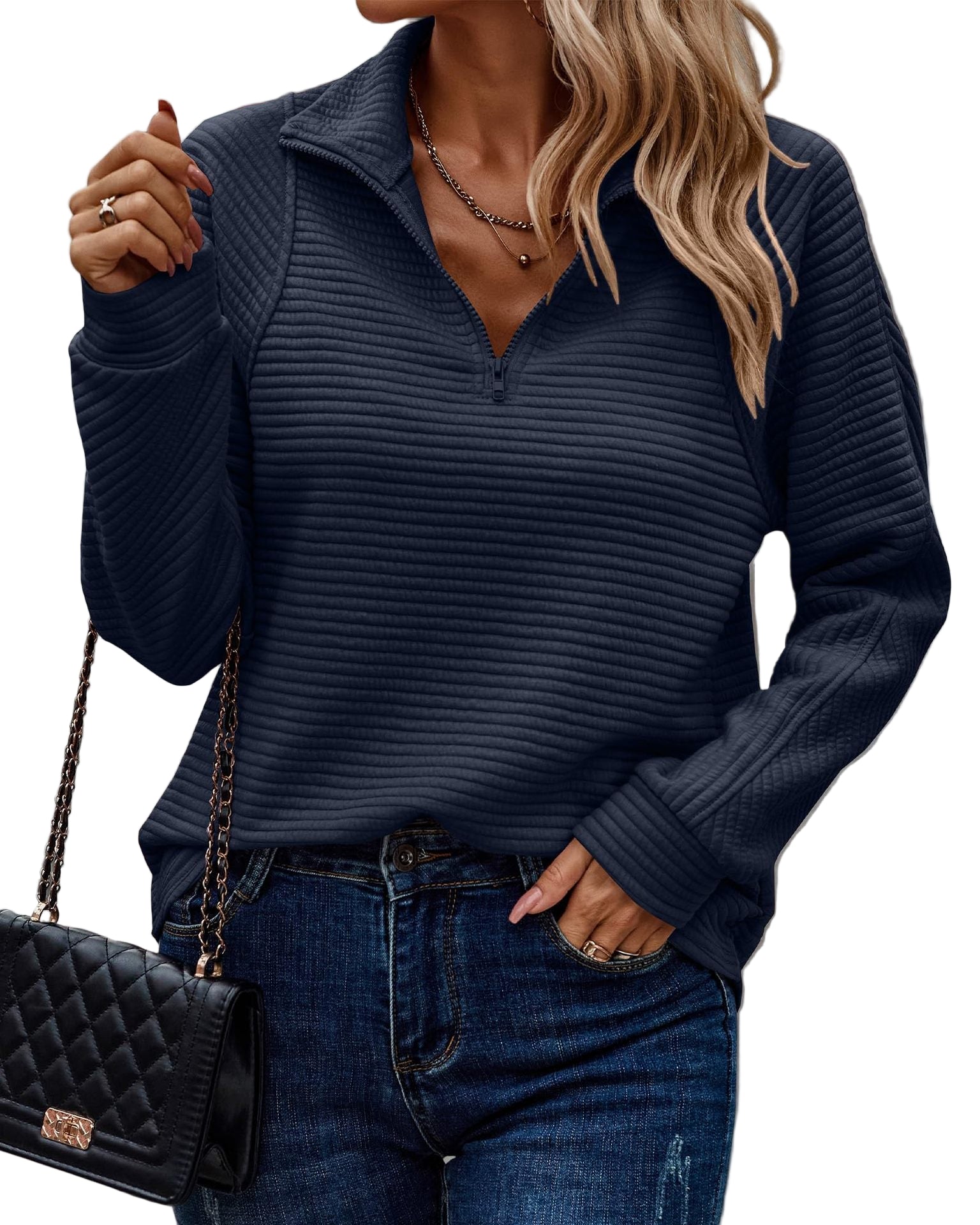 Janet - Ribbed texture half-zip funnel neck jumper