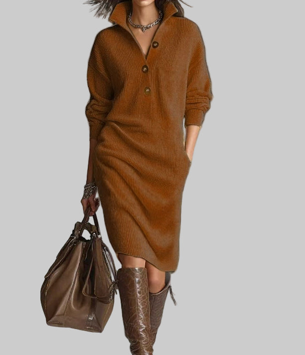 The Aspen - Knit collared henley midi sweater dress