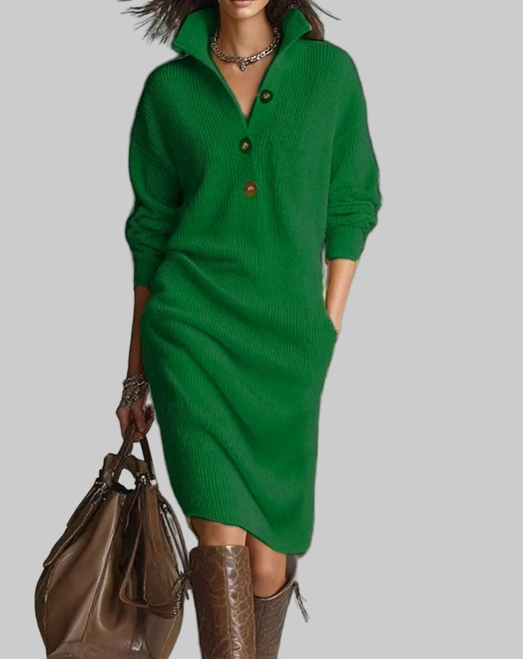 The Aspen - Knit collared henley midi sweater dress