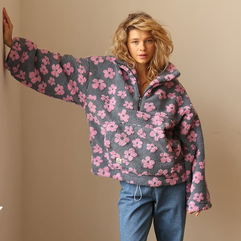 Daisy - Floral print oversized sherpa half-zip pullover