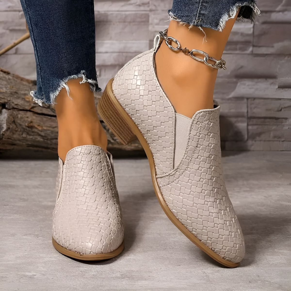 Mary - Woven texture low heel ankle boot