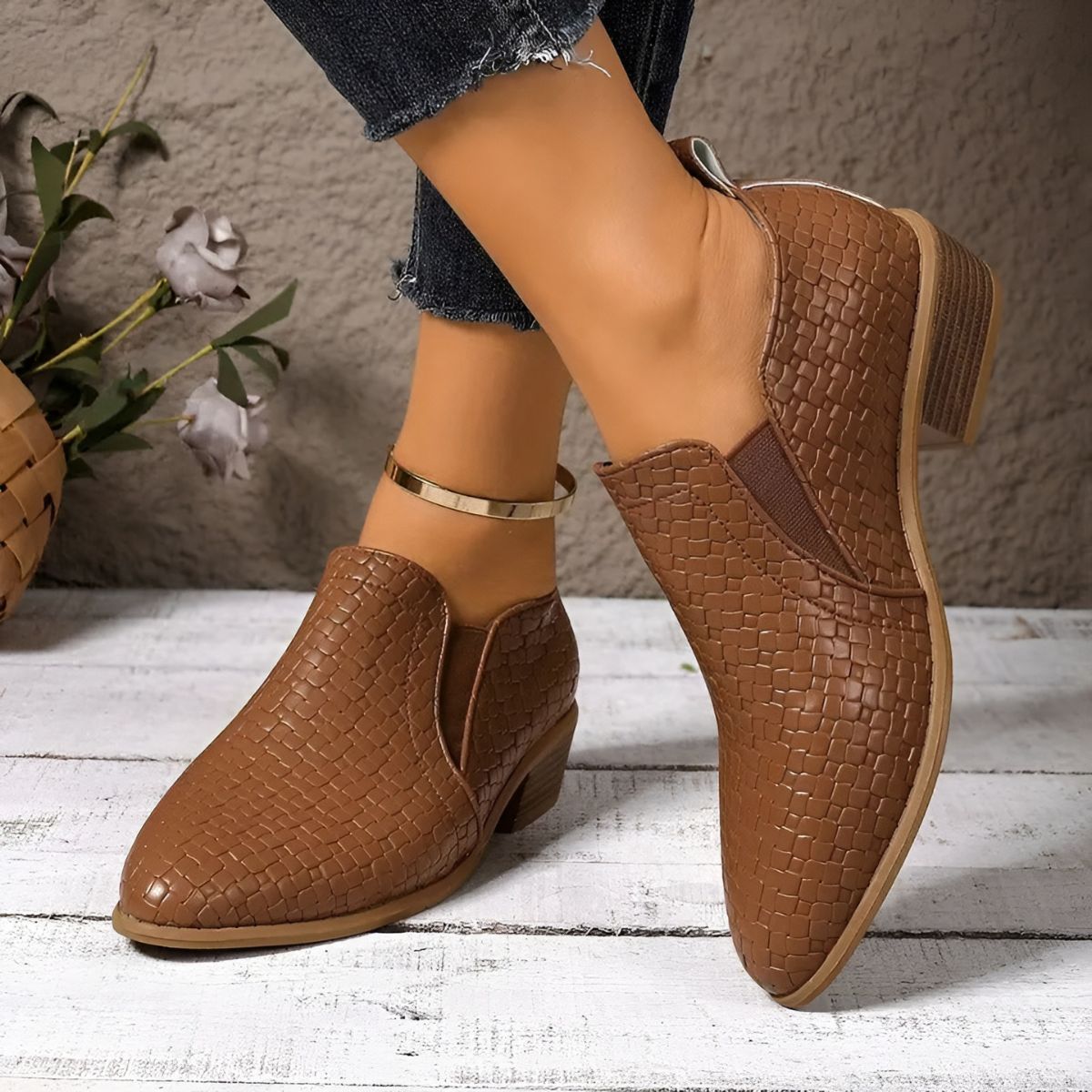 Mary - Woven texture low heel ankle boot