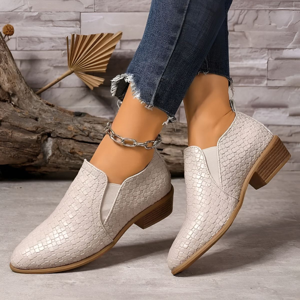Mary - Woven texture low heel ankle boot