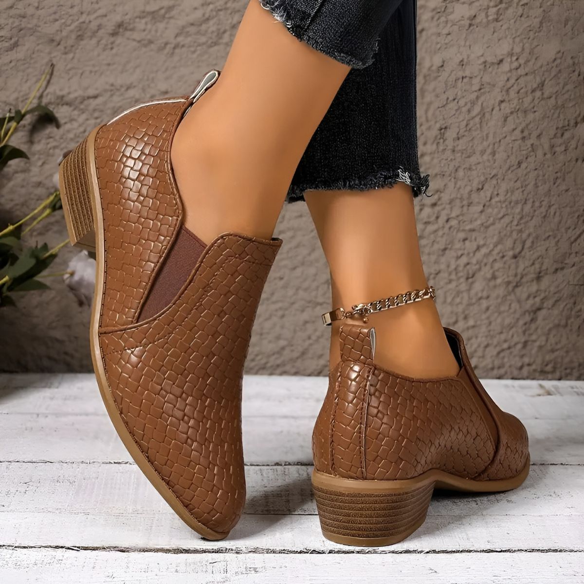 Mary - Woven texture low heel ankle boot