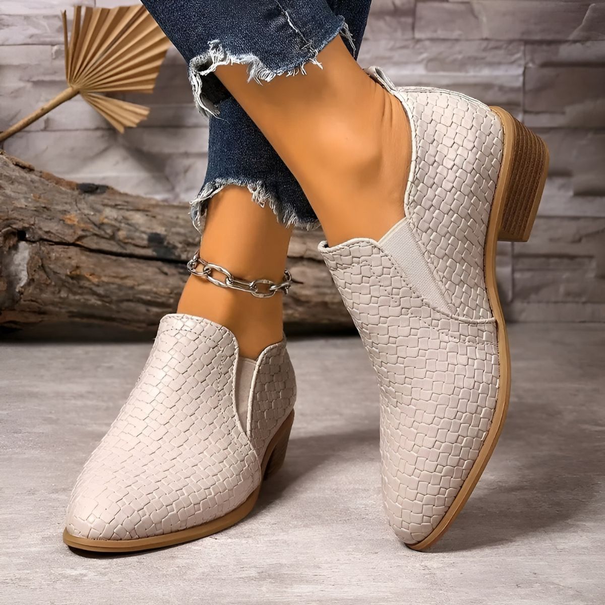 Mary - Woven texture low heel ankle boot