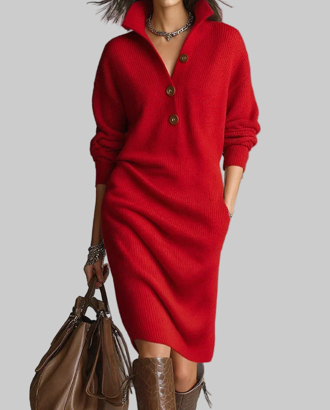 The Aspen - Knit collared henley midi sweater dress