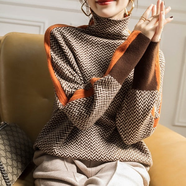 Victoria - Herringbone knit oversized turtleneck jumper