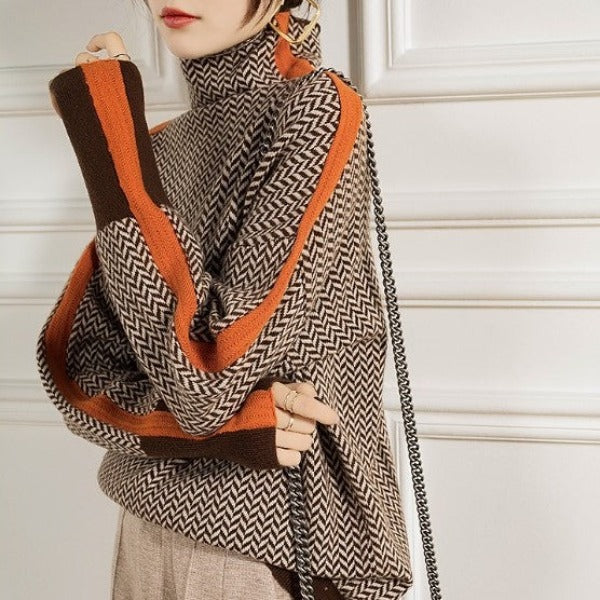 Victoria - Herringbone knit oversized turtleneck jumper