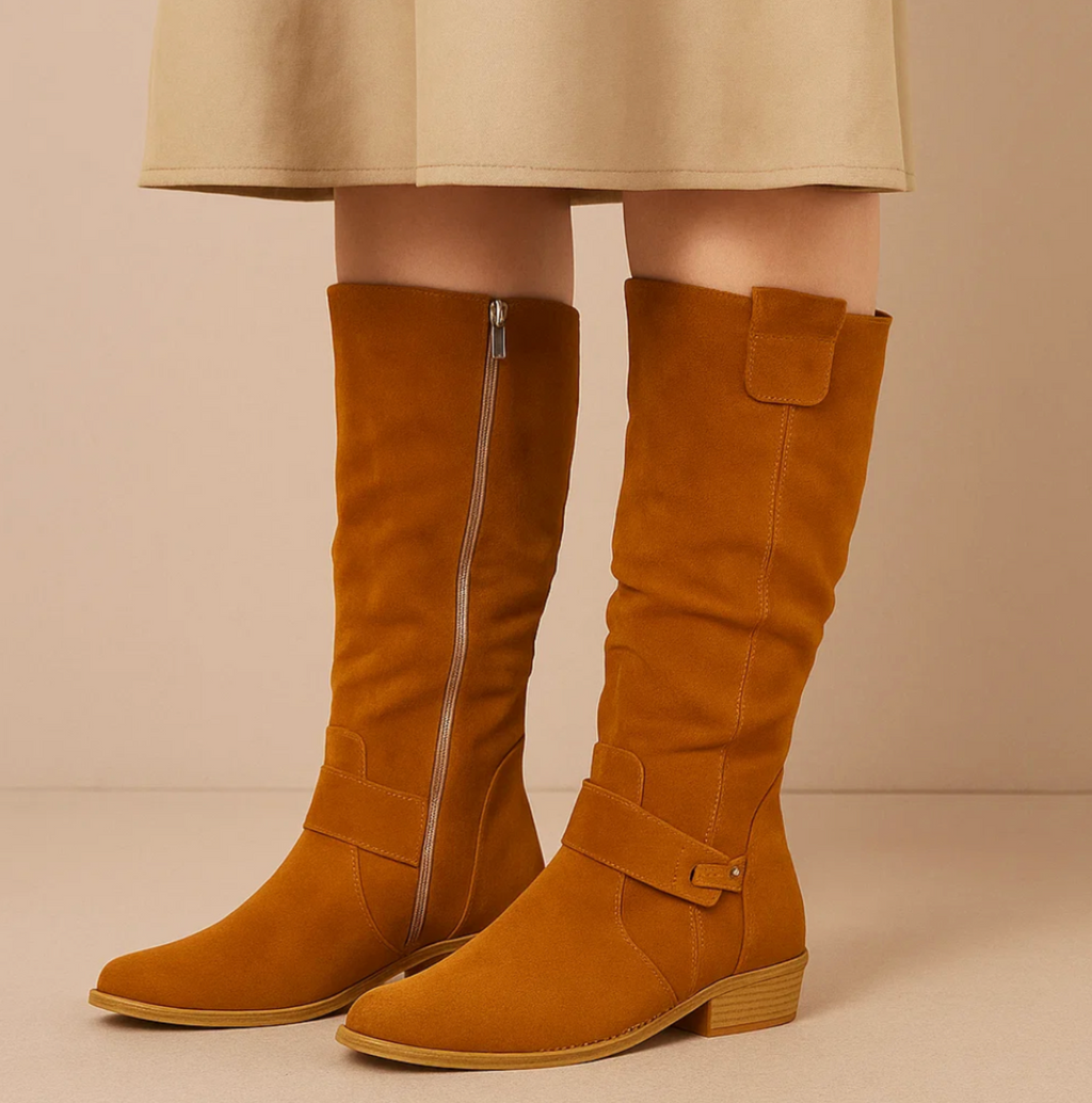 Sienna - Knee-high faux suede buckle boots