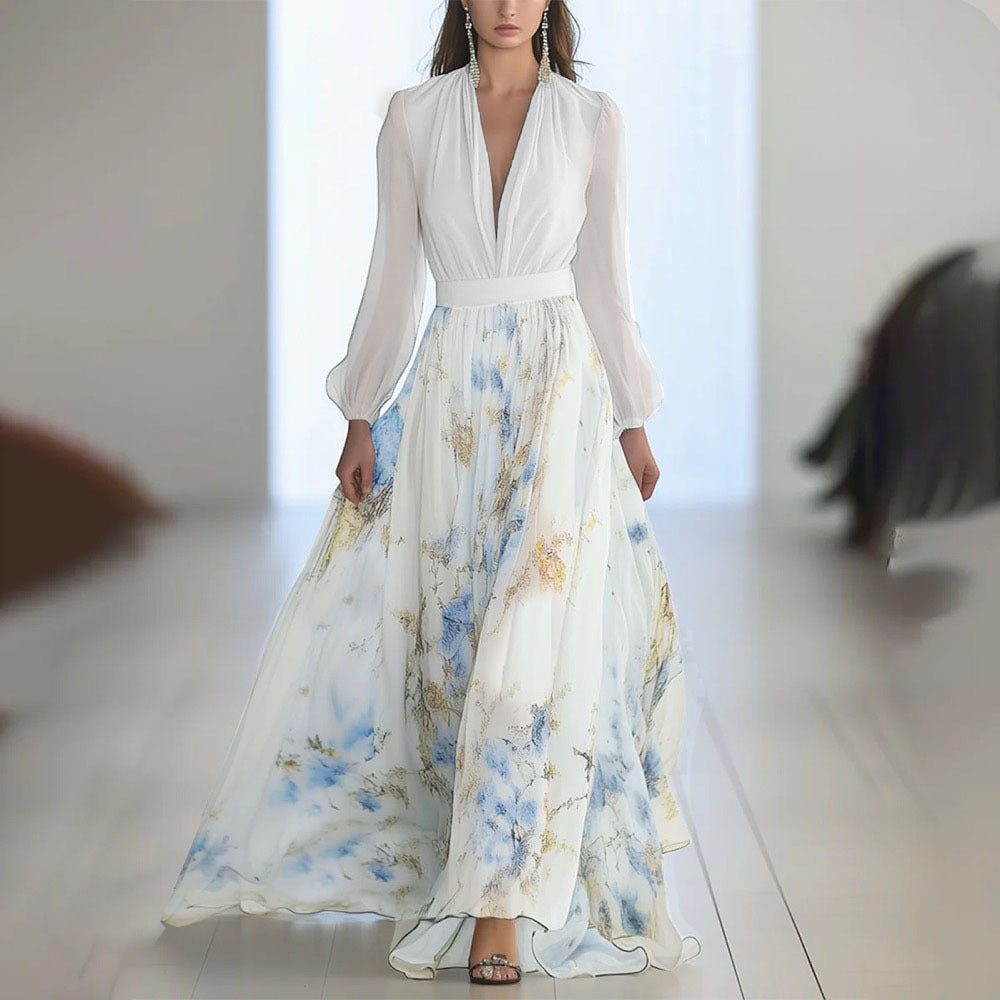 Tess - Floral print sheer sleeve maxi gown