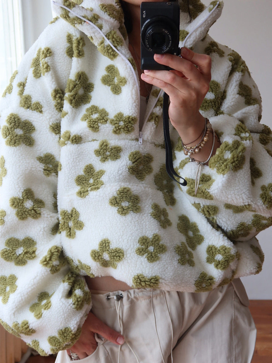 Daisy - Floral print oversized sherpa half-zip pullover