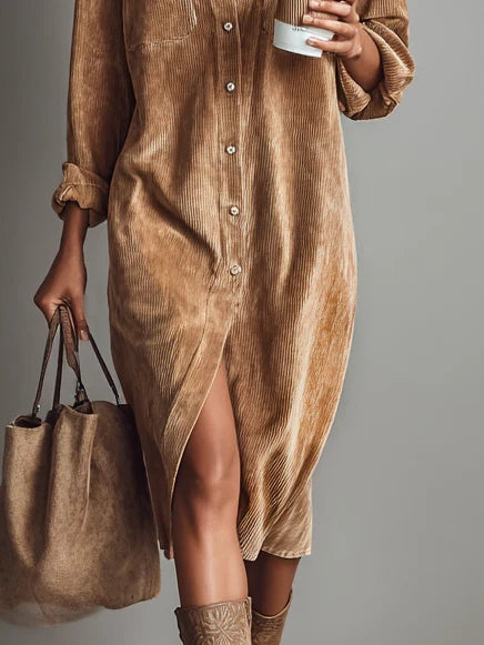 Lova - Long sleeve corduroy midi shirtdress