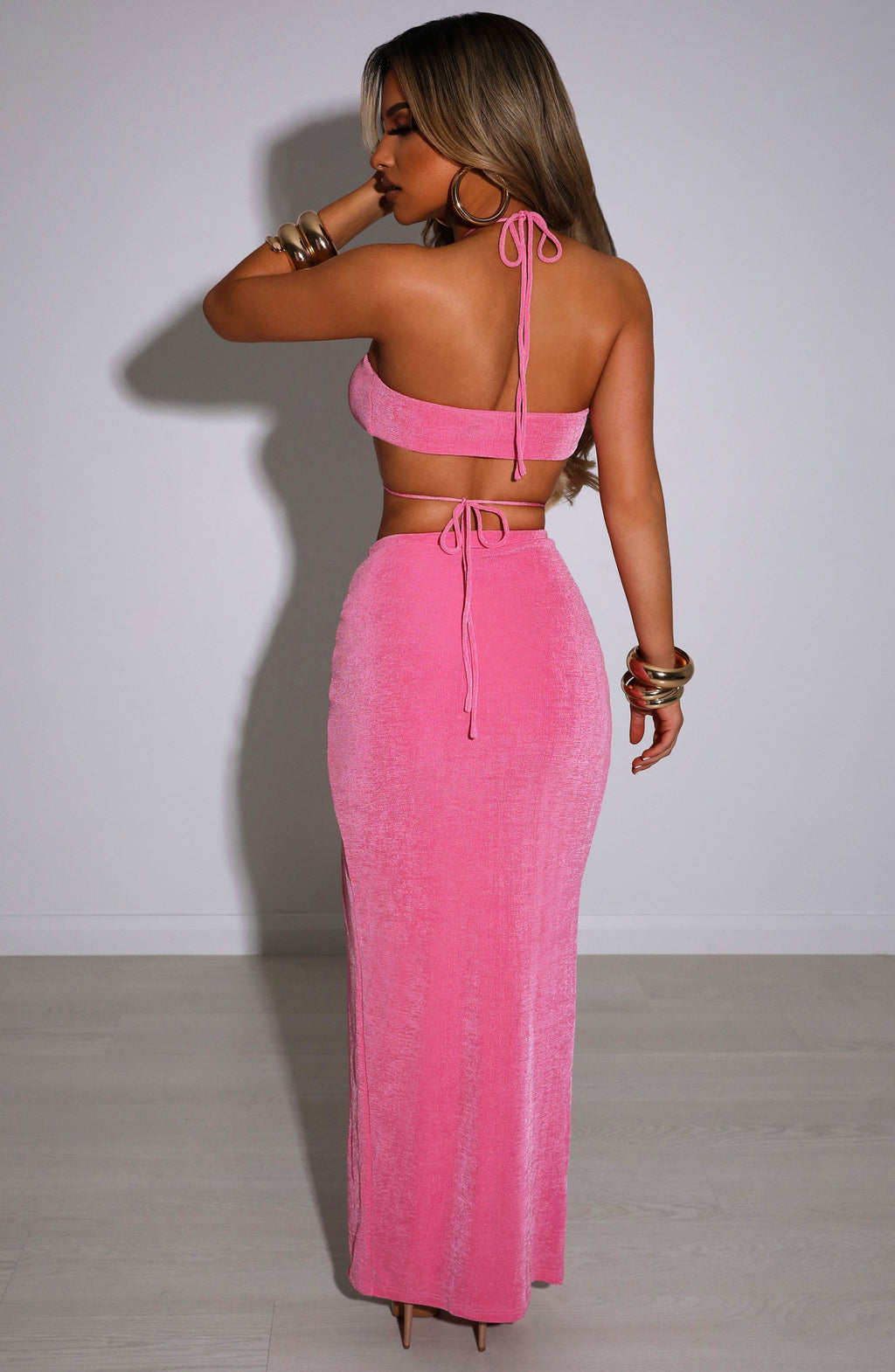 Ariela - Bubblegum ruched high-split bodycon maxi skirt