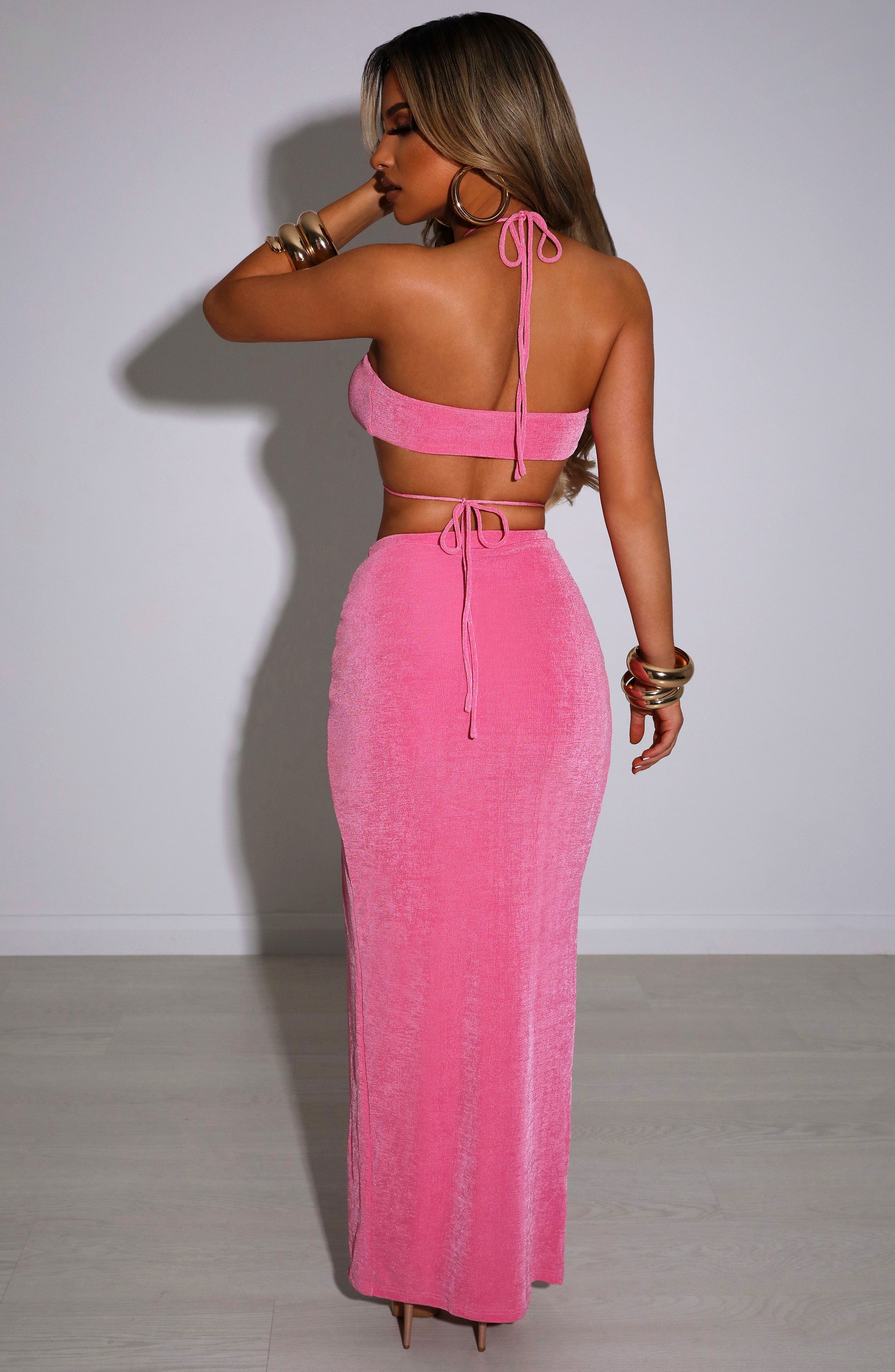 Ariela - Bubblegum ruched high-split bodycon maxi skirt