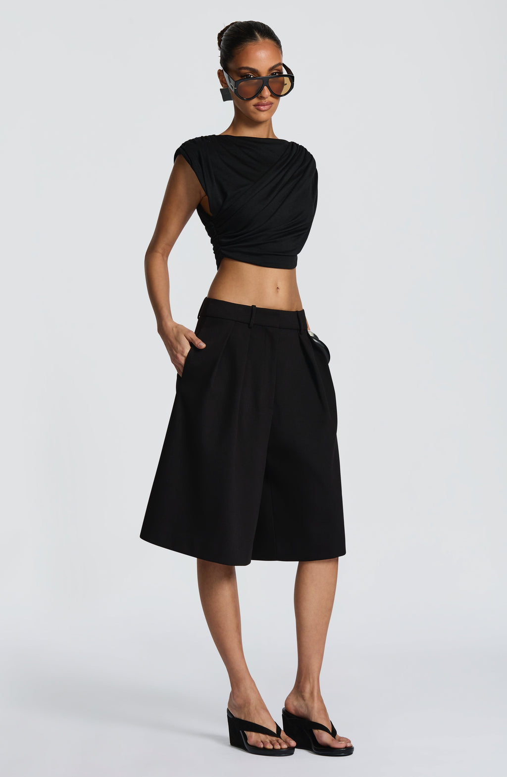 Ausra - Black tailored pleated wide-leg bermuda shorts