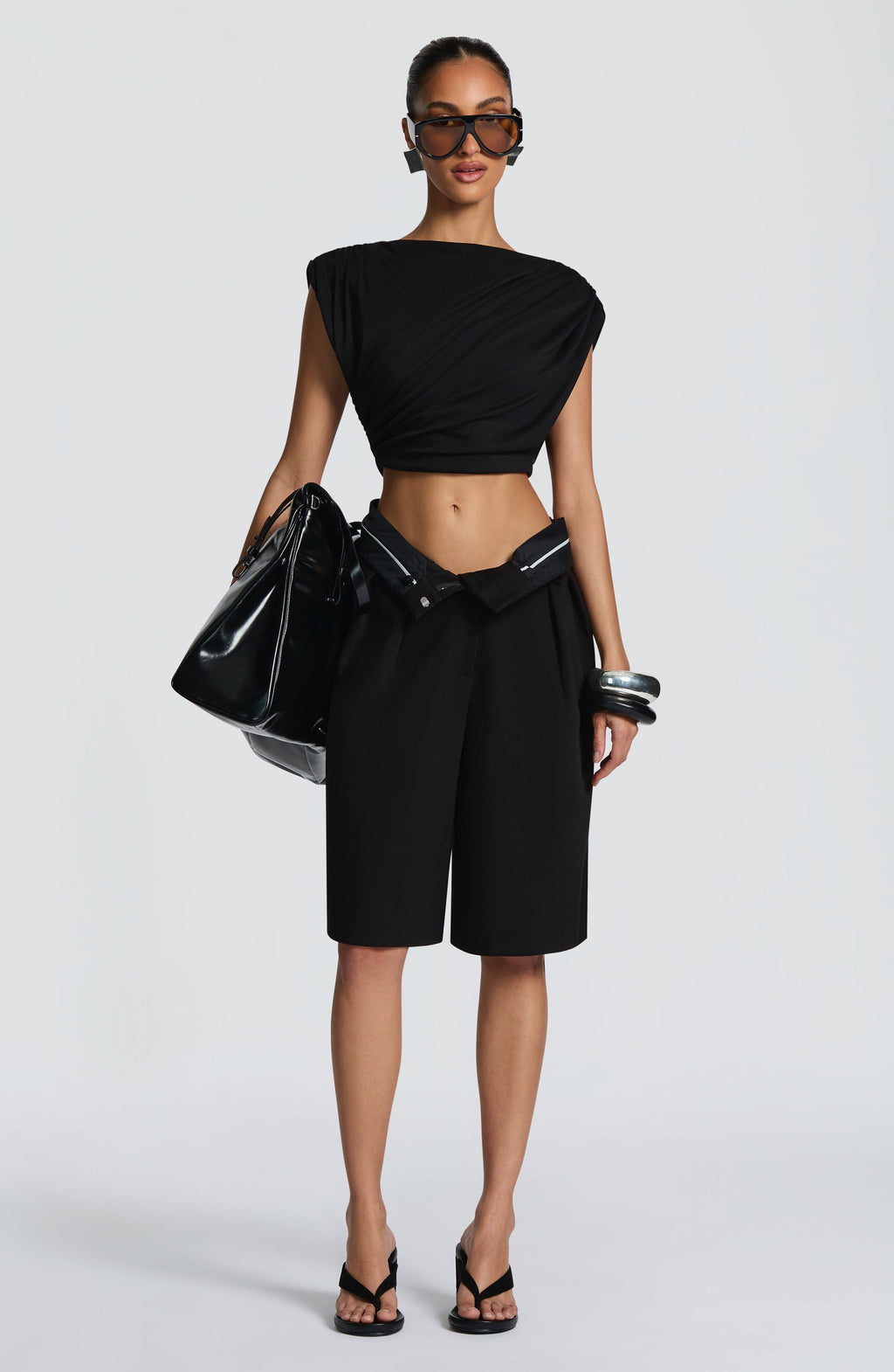 Ausra - Black tailored pleated wide-leg bermuda shorts