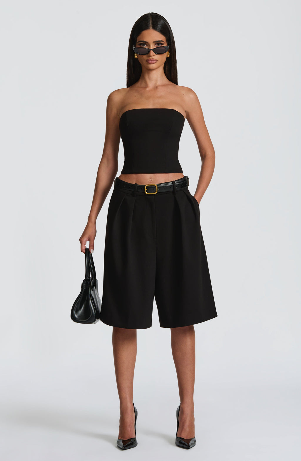 Ausra - Black tailored pleated wide-leg bermuda shorts