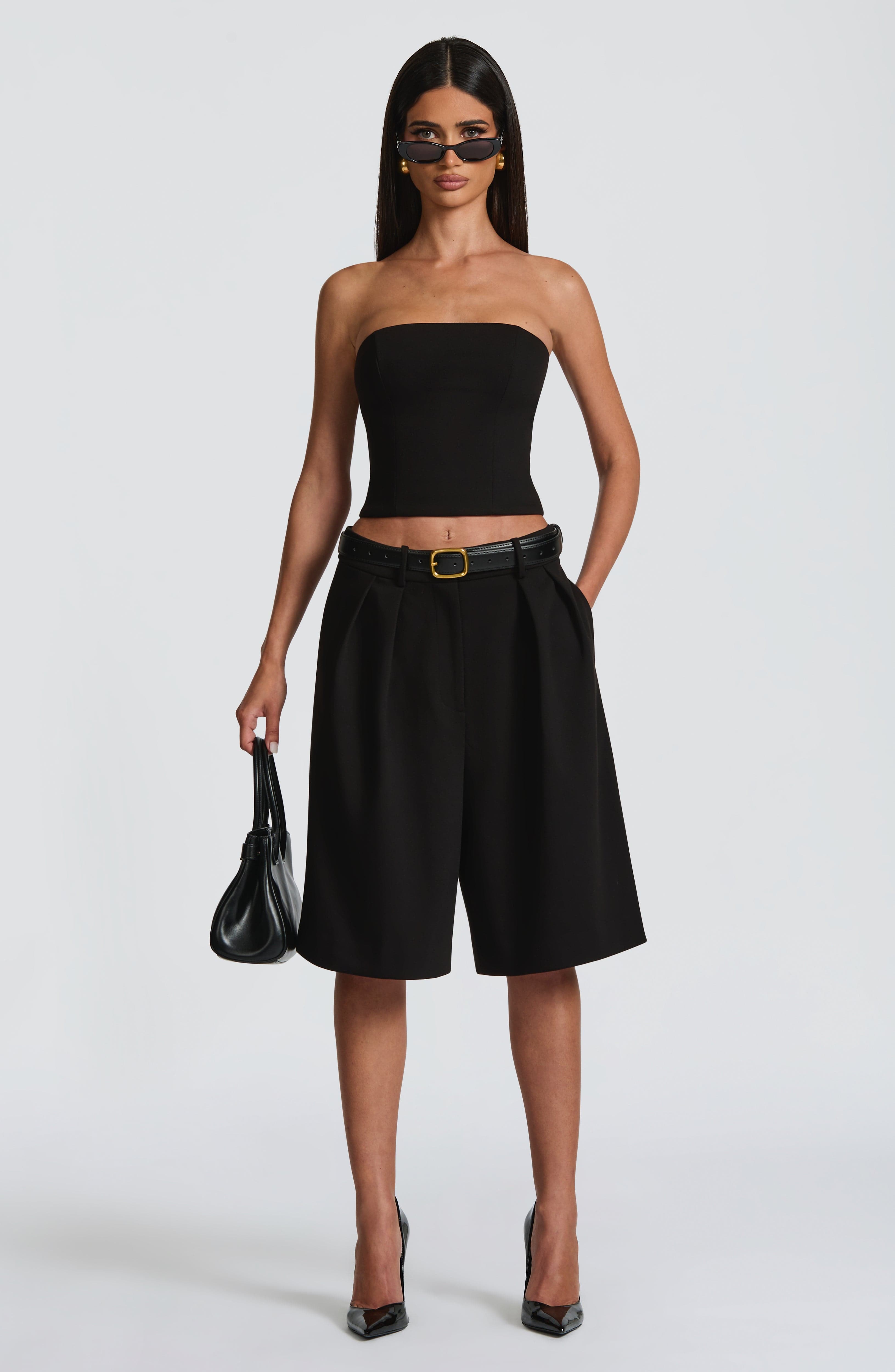 Ausra - Black tailored pleated wide-leg bermuda shorts