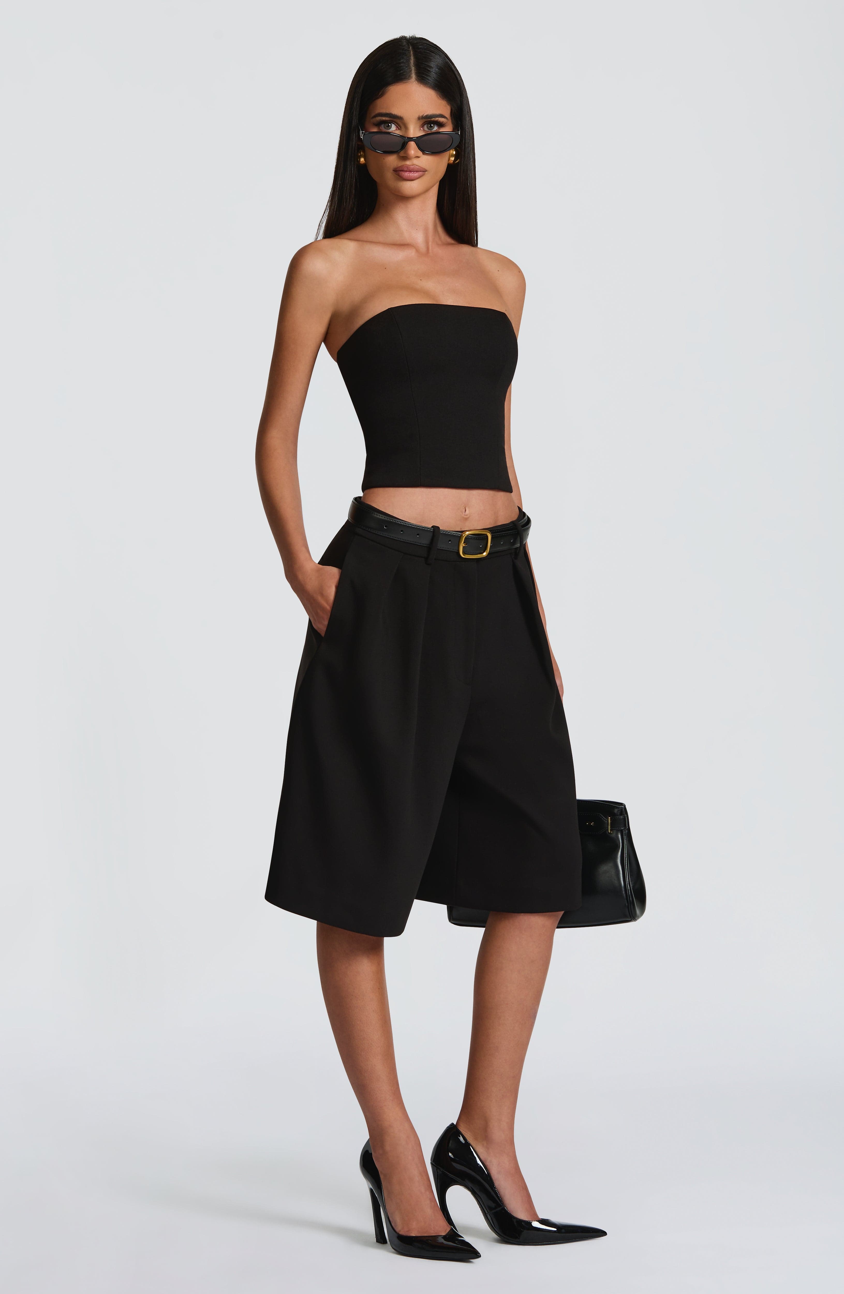 Ausra - Black tailored pleated wide-leg bermuda shorts