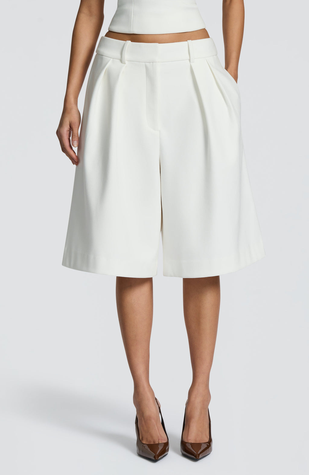Ausra - Ivory tailored pleated wide-leg bermuda shorts