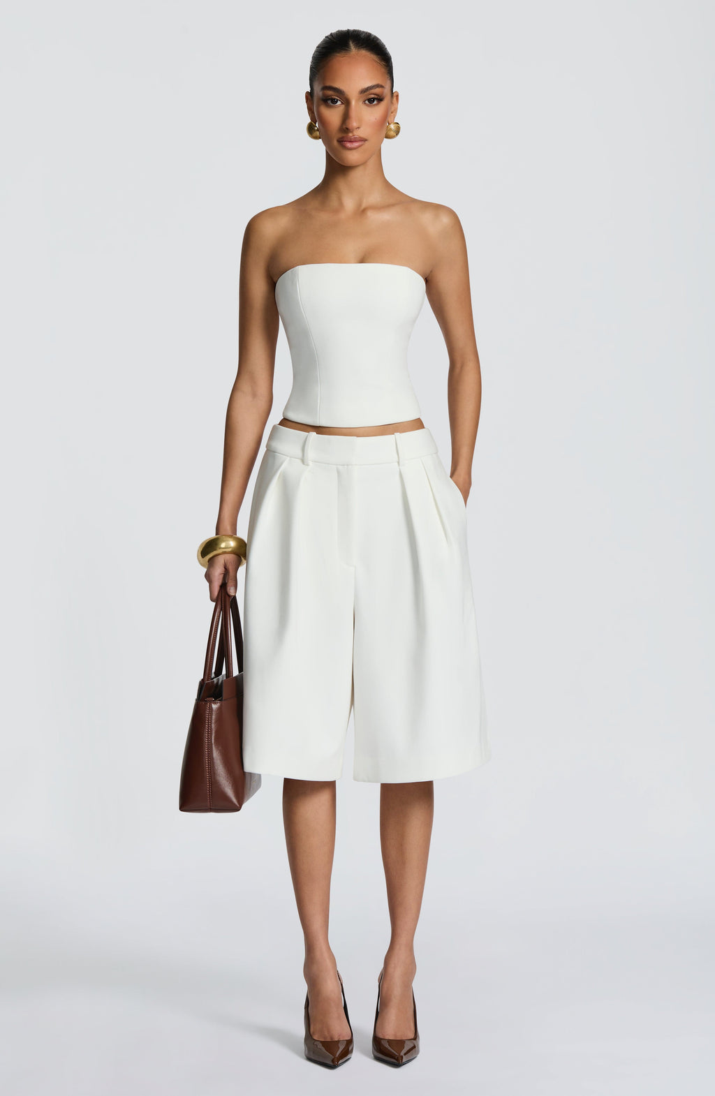 Ausra - Ivory tailored pleated wide-leg bermuda shorts
