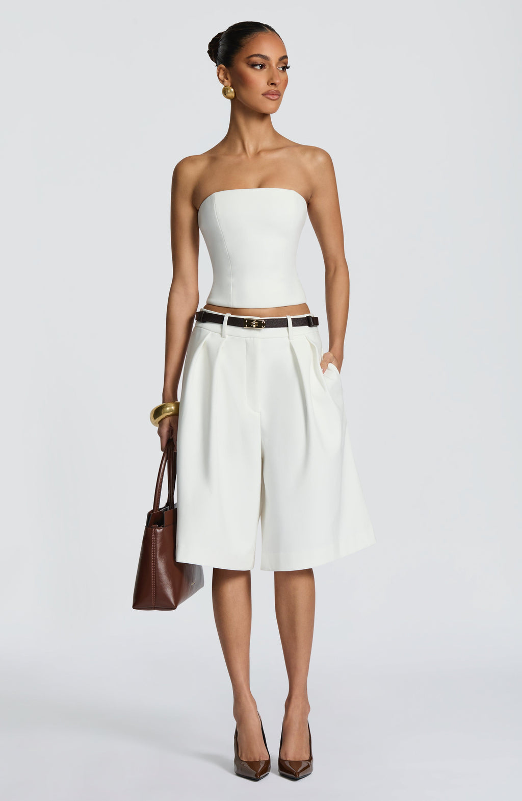 Ausra - Ivory tailored pleated wide-leg bermuda shorts